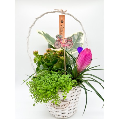 Cesta de mimbre color blanco con pincho de bicicleta de floristería Viserchi, floristería en Arganzuela, Madrid